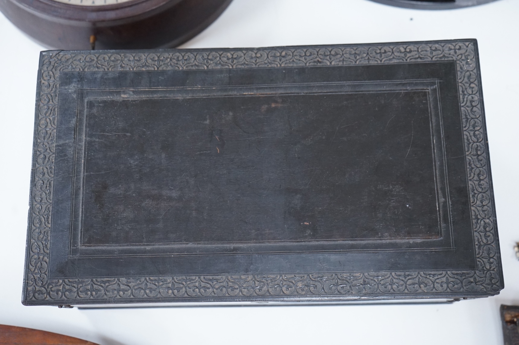 A 19th-century Indian hardwood and ivory inlaid box, 43cm wide x 25cm deep x 17cm high CITES Submission reference, RKMVPR3B